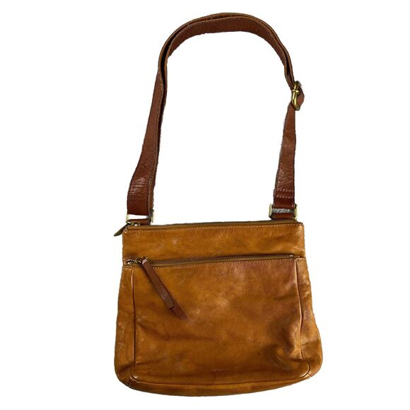 Vintage Fossil Caramel Brown Pebble Leather Cross Body Shoulder Bag Purse - Picture 1 of 8